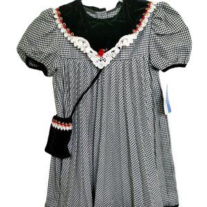 (641)Vintage Thomas Girl Black & White Plaid Pleated Velvet Collar Dress Size 6X